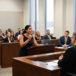 Divorce Lawyer Abbie Laine in a navy dress is speaking at a podium in a courtroom, gesturing with her hand, while a Family Law judge and other people listen.