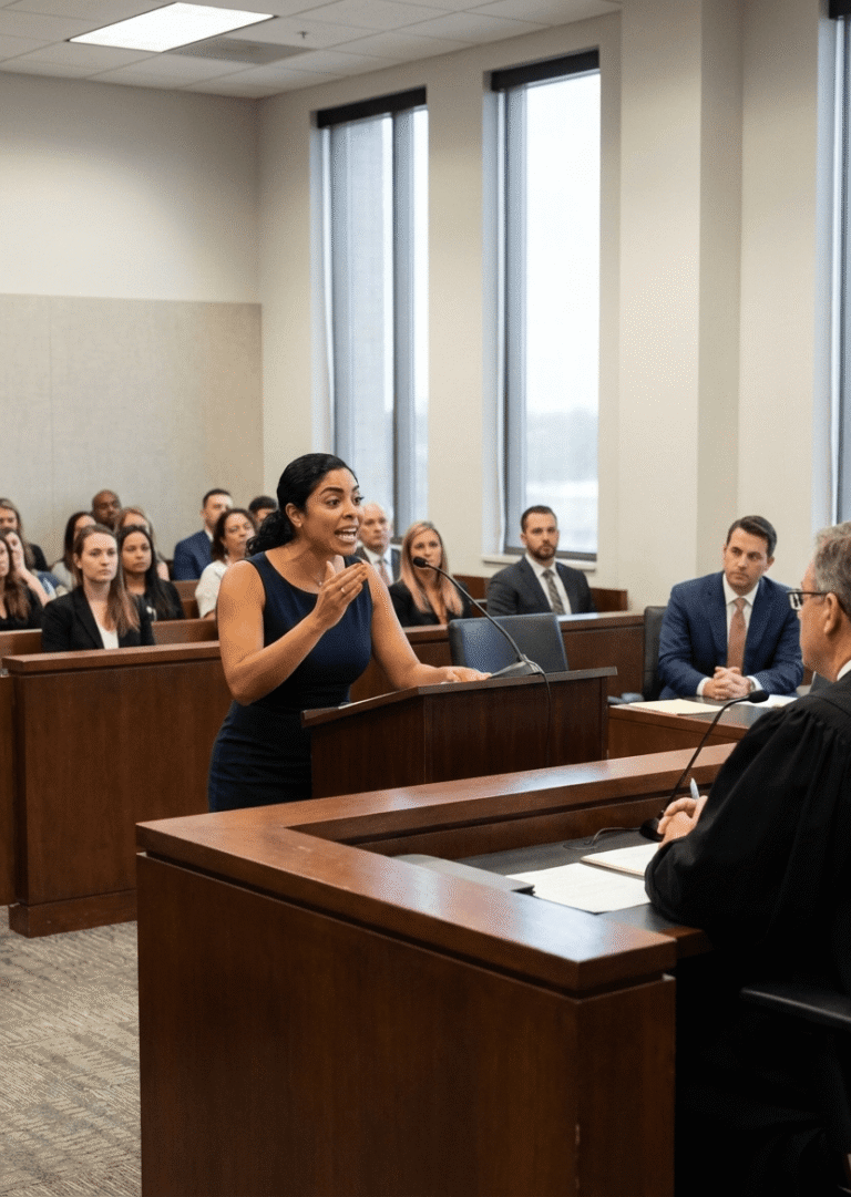 Divorce Lawyer Abbie Laine in a navy dress is speaking at a podium in a courtroom, gesturing with her hand, while a Family Law judge and other people listen.